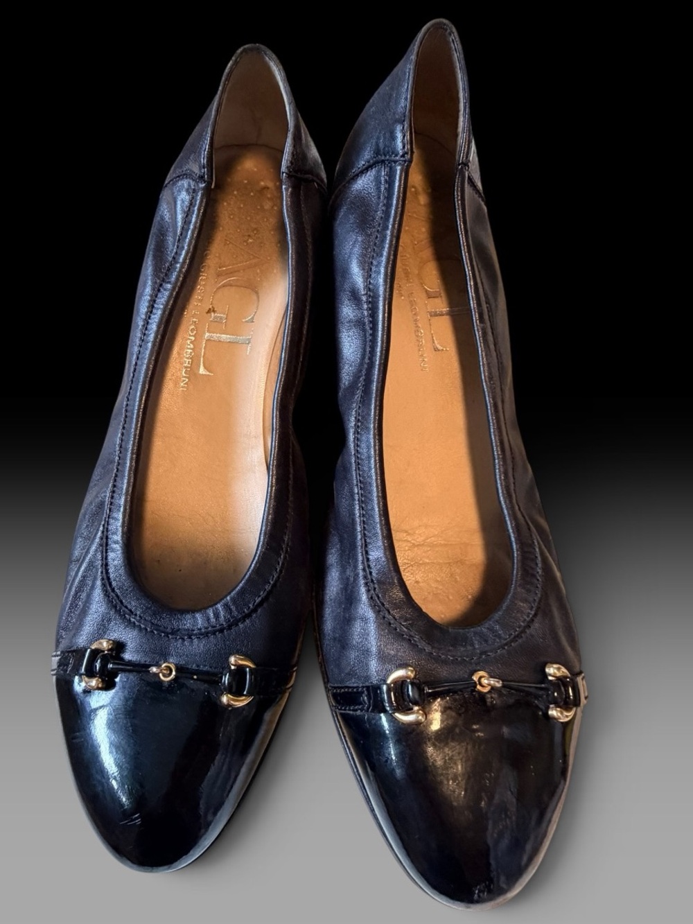 AGL Black Low Heel Pumps Gold-Tone Bit Detail Size 41.5 EU